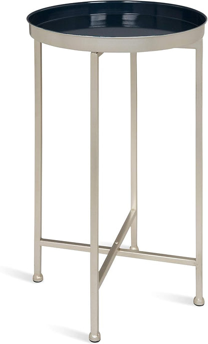 Kate and Laurel Celia Round Foldable Tray Accent Table, 14" x 14" x 25.75", Navy and Silver, Modern Minimalist Design and Magnetic Detachable Tabletop