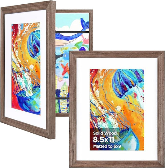 KINLINK 8.5x11 Kids Art Frames Set of 2, Solid Wood Kids Artwork Frames Changeable with Acrylic Front Opening Holds 150 Pictures, Art Frame for Kids Artwork with Mat or without Mat, Brown Wood
