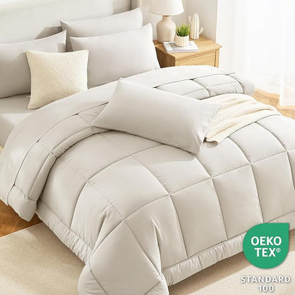 CozyLux Twin Comforter Set with Sheets Beige, 5 Pieces Bed in a Bag, Beige Comforter Twin Size, All Season Bedding Set with Stitch Quilted Comforter, Flat Sheet, Fitted Sheet, Pillowcases