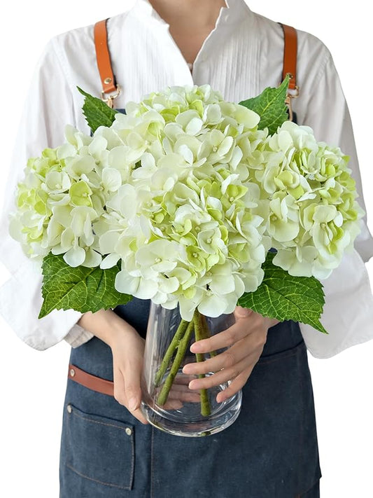Hydrangea Artificial Flowers, Green/White 4Pcs 21” Latex Real Touch Flowers, Full Faux Silk Flowers Fake Artificial Hydrangeas with Stems for Bouquet Table Centerpieces Wedding Baby Showers
