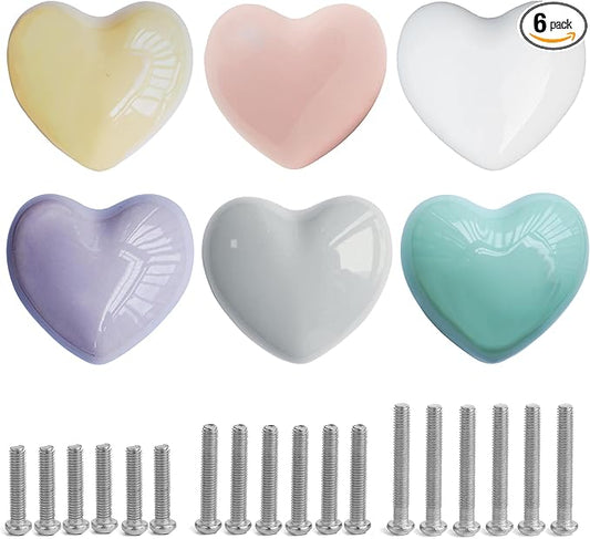 Ceramic Drawer Knobs Heart Shape Colorful Heart Cabinet Dresser Pulls Handles with 3 Sized Screws, Kitchen Furniture Knobs for Closet Cupboard Wardrobe (Mixed Color, 6 Pack) (6packmixcolor)