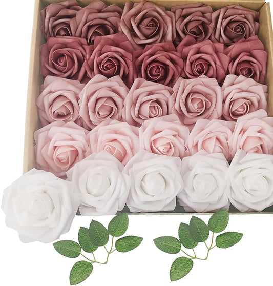 Artificial Flowers 25pcs Roses, Shade of Rouge Foam Fake Rose Faux Flower for DIY Wedding Bouquets Bridal Shower Centerpieces Floral Arrangements Party Tables Home Decorations