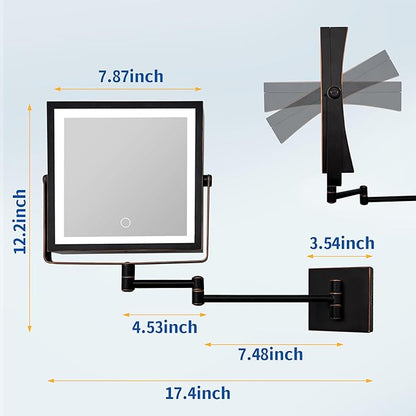 Ruacq Rechargeable Wall Mounted Makeup Mirror with Lights, Double Sided 1X/10X Magnifying Vanity Mirror with 3 Color Lights, Touch Screen Dimmable, 360° Rotation Foldable Arm (Oil Rubbed Bronze)