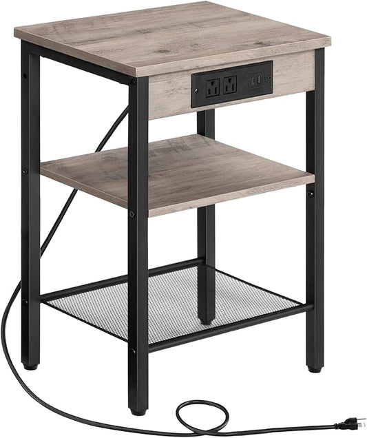 HOOBRO End Table with Charging Station and USB Port, Small Side Table for Small Space, 3-Tier Nightstand with Adjustable Shelf, for Living Room, Bedroom and Balcony, Greige BG112BZ01