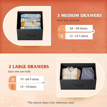 WLIVE Dresser for Bedroom with 5 Drawers, Long Fabric Dresser, Chest of Drawers, Storage Drawer Unit with Fabric Bins for Closet, Living Room, Hallway, Charcoal Black, Size L