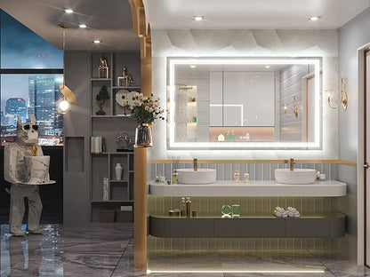 Keonjinn LED Bathroom Mirror 60" x 36" with Frontlit and Backlit, Tempered Glass Stepless 3 Colors Temperature & Dimmable Large Vanity Mirror, UL Listed LED Driver, Double Lights Anti-Fog Wall Mirror