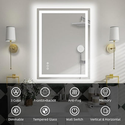 36"x 24" LED Bathroom Mirror with Lights, Anti-Fog, Dimmable, Backlit + Front Lit Smart Mirror, Lighted Bathroom Vanity Mirror for Wall, Shatter-Proof Tempered Glass(Horizontal/Vertical)