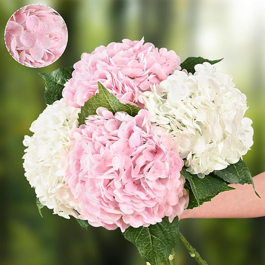 Waipfaru 4Pcs Real Touch Hydrangea Artificial Flowers, Pink & White Fake Hydrangea Flowers, 21" Lifelike Latex Faux Hydrangea Flowers for Wedding Bouquet Home Decor Centerpieces