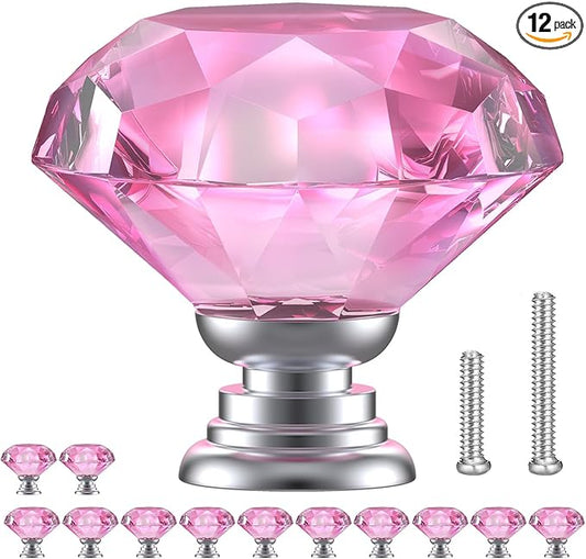 POZEAN Crystal Cabinet Knobs 12Pack, 1.18inch Dresser Knobs for Cabinet, Drawer with Two Different Sizes Screws, Diamond Glass Pulls Handles (30mm, 12Pack, Pink-Silver)