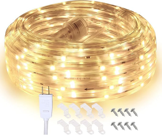 33ft Strip Lights Outdoor, LED Flat Flexible Rope Lighting, 3000K Soft White, Waterproof Connectable Décor Lights for Bedroom Living Room Garden Patio Pergola Christmas Party