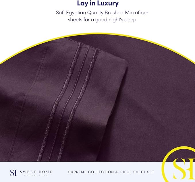 RV Queen Bed Sheets - Breathable Luxury Sheets with Full Elastic & Secure Corner Straps Built In - 1800 Supreme Collection Extra Soft Deep Pocket Bedding Set, Sheet Set, RV Short Queen, Purple