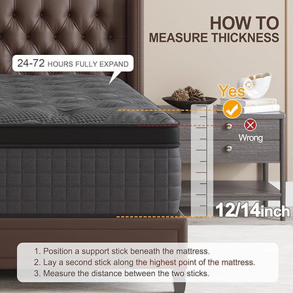 King Mattress, 10 Inch Hybrid Mattresses Black with Gel Memory Foam and Individually Pocket Innerspring Euro Top Medium Firm for Motion Isolation, Edge Support, 100 Night Trial