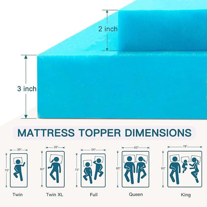Airensky Memory Foam Mattress Topper Queen, Cooling Gel Infused High Density Topper with Removable Washable Cover, Bed Topper for Pressure Relief Back Pain, CertiPUR-US Certified, 3 Inch, 60"x80"