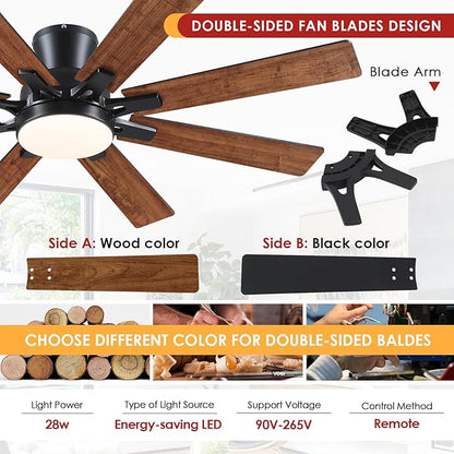 Ceiling Fans with Lights- 52" Low Profile Indoor Ceiling Fan with Light and Remote/APP Control, 8 Blade,Flush Mount, LED Dimmable DC Reversible Modern Ceiling Fan for Bedroom（Brown）