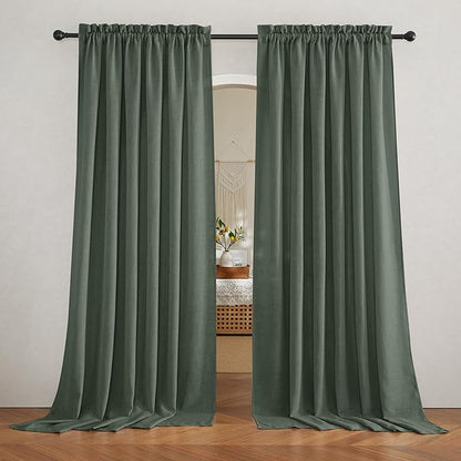 RYB HOME Green Linen Sheer Curtains 102 inches Long, Thick Heavy Textured Rod Pocket Machine Washable Privacy Assured for Living Room Bedroom, W 52 x L 102 inches, Hunter Green, 2 Panels