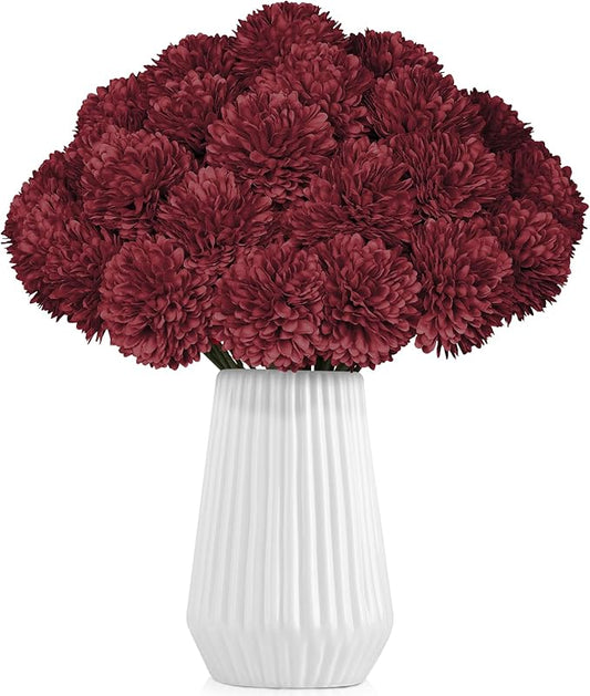 36 Pcs Burgundy Artificial Chrysanthemums Flowers Red Fake Mums Silk Ball Flowers for Fall Home Decor Wedding Table Centerpiece Christmas Floral Arrangements (Burgundy)