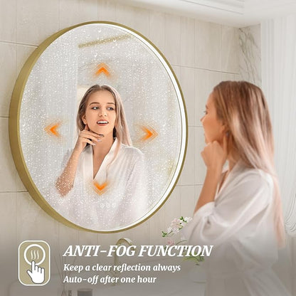 28 Inch Round LED Bathroom Mirror, Gold Metal Framed Lighted Mirror for Bathroom, Wall Mouted LED Vanity Mirror with Lights, 3 Colors and Stepless Dimmable, Anti-Fog, Memory