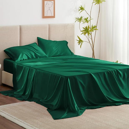Love's cabin 4Piece California King Satin Bed Linen Set, Dark Green Silky Satin Sheets, Deep Pocket, Luxury Silk Feel, 1 Flat, 1 Fitted Sheet, 2 Pillow Cases