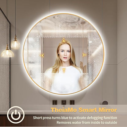 24" Round LED Bathroom Mirror, Wall Mounted Round Backlit Mirror LED Bathroom Vanity Mirror with Light Fog Free Circle Lighted Mirror with Gold Frame, Smart Light up Mirror 3-Color