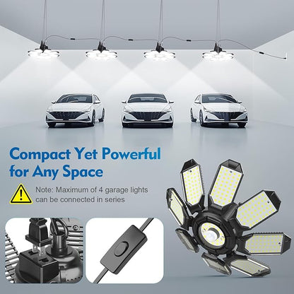 TANBABY 2 Pack Motion Sensor Garage Light, Deformable Garage Lights Ceiling LED Plug in Cord, Plug in Shop Lights with 8+1 Panels Bulb for Basement