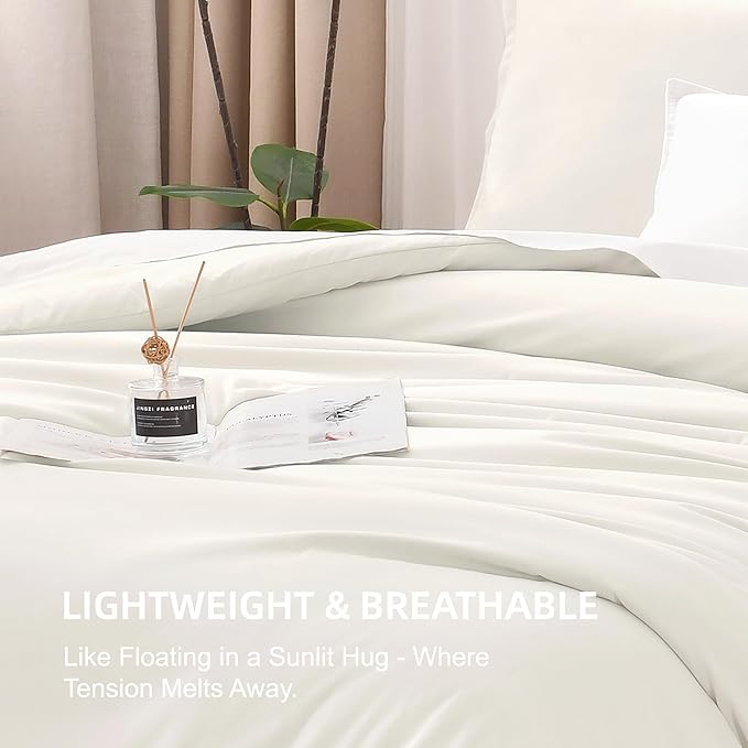 Litanika Ivory Comforter Set Full Size, 3 Pieces Lightweight Solid Bedding Comforter Set, All Season Fluffy Bed Set (79x90In Comforter & 2 Pillowcases)
