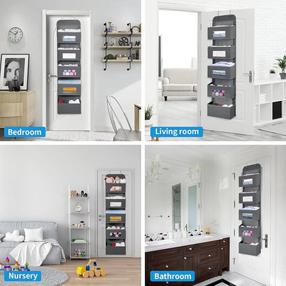 MAX Houser 5-Shelf Over The Door Hanging Organizer with 2 Metal Hooks, 5 Pocket Over The Door Wall Mount Storage with Clear Windows for Baby Nursery Bathroom Closet,Bedroom,Dorm,Diapers,Kids Toy(Gray)