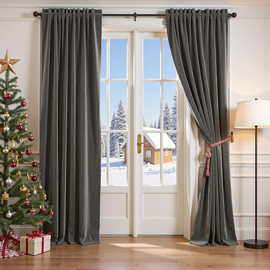 Lazzzy Velvet Blackout Curtains Thermal Insulated Room Window Drapes Super Soft Luxury Curtains for Living Room Bedroom Rod Pocket 2 Panels, Grey, 52" W x 108" L