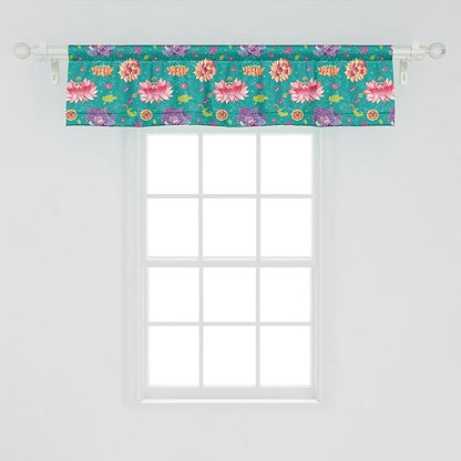Ambesonne Floral Window Valance, Pattern with Lotus Flowers Peonies and Chrysanthemums Oriental Motifs Garden Art, Curtain Valance for Kitchen Bedroom Decor with Rod Pocket, 54" X 12", Teal
