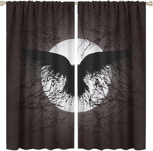 Cool Raven Print Curtains - Vintage Nordic Viking Theme Dead Tree Crow Full Moon Thermal Insulated Blackout Curtains - Rod Pocket Window Treatment Drapes for Bedroom 2 Panels 63L x 31.5W