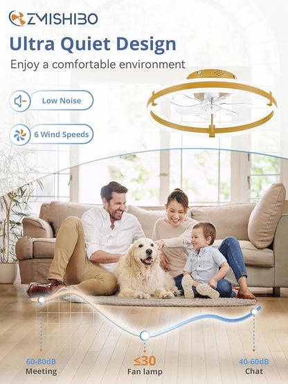 ZMISHIBO Ceiling Fans with Lights and Remote, 19.7'' Low Profile Ceiling Fan, 3000-6000K Dimmable Modern Flush Mount LED Fan Light, 6 Wind Speeds, Gold Fandelier Ceiling Fans for Bedroom