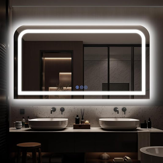 LED Bathroom Mirror, 60"x 30" LED Mirror with Lights for Bathroom, Lighted Vanity Mirrors for Wall, Anti-Fog, Dimmable, Tempered Glass, Memory Function, 3 Colors, Safe Use (White)