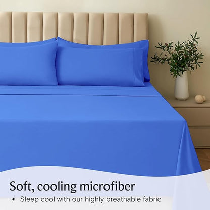 LuxClub 4 PC Sheet Set Bed Sheets Deep Pockets 16" Eco Friendly Wrinkle Free Cooling Machine Washable Hotel Bedding Silky Soft - Marine Blue Full