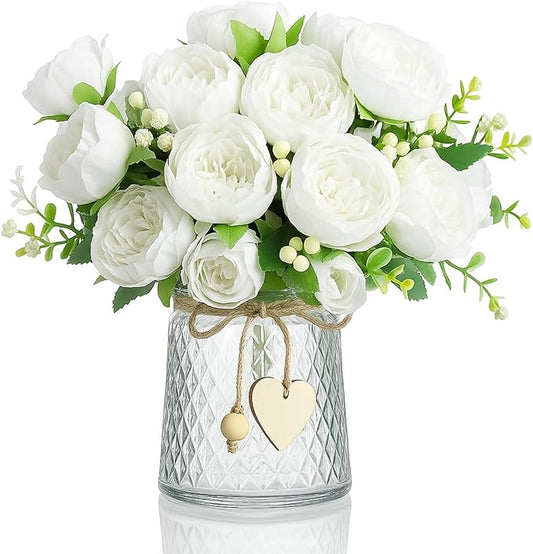 Geosar 2 Bundles Artificial Peonies Flowers Fake Silk Peony Bouquet Faux Peonies Flowers Bulk for Decoration Vase Floral Arrangements Wedding Party Table (White)