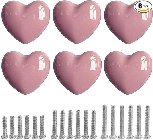 Ceramic Drawer Knobs Heart Shape Cabinet Dresser Pulls Handles with 3 Sized Screws, Kitchen Furniture Knobs for Closet Cupboard Wardrobe (6, Pink)