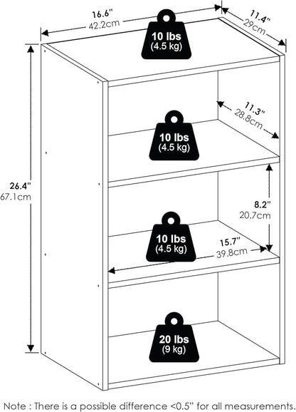 Furinno Basic Book Shelf, 3-Tier Bookshelf, Cube Storage Organizer Bookcase with Open Shelf, 11 x 17 x 26, for Living Room, Bedroom, Home Office, White