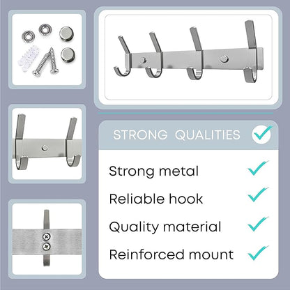 Brushed Nickel Coat Rack Wall Mount with 4 Double Hooks for Hanging – 12 Inch Heavy Duty SUS304 Stainless Steel Rustic Coat Hooks – Clothes, Purse, Towel Wall Hooks – 2 Pack