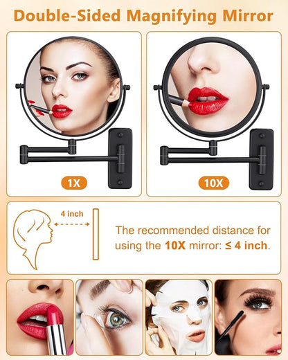 Wall Mounted Makeup Mirror - 1X/10X Magnifying Mirror for Wall, 8 Inch Double Sided 360° Swivel Extendable Bathroom Mirror for Shaving, Black