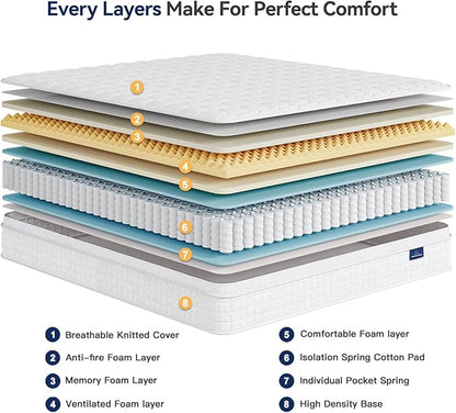 Vesgantti 12 Inch Multilayer Hybrid Queen Mattress - Multiple Sizes & Styles Available, Ergonomic Design with Memory Foam and Pocket Spring, Medium Firm Feel, White