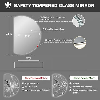 LED Bathroom Mirror with Lights, 44×31Inch Anti-Fog Backlit Vanity Mirror-Half Circle Mirrors with 3-Color, Dimmable Brightness, Shatter-Proof Decor Vanity Mirror