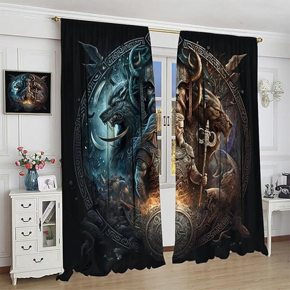 Cool Norse Viking Theme Curtains,Fantasy Ancient Symbols Wildlife Wolf Nordic Vikings Window Treatments Thermal Insulated Rod Pocket Blackout Drapes for Bedroom 2 Panels 63L x 42W
