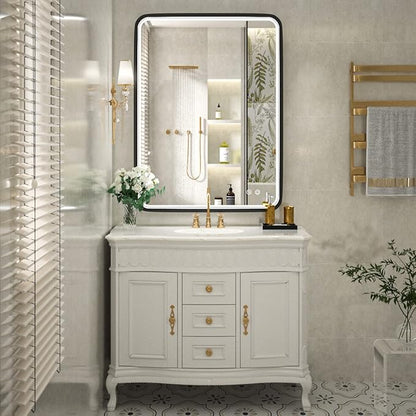 36x28 Inch LED Bathroom Mirror with Light,Black Metal Frame Lighted Vanity Mirror, Anti Fog Design&Dimmable&Touch Switch,Large Wall Mounted Makeup Mirror (Horizontal/Vertical)