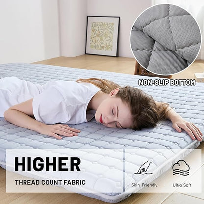 Japanese Floor Mattress Twin, Anti-Slip Japanese Futon Foldable Tatami Mat for Guests, Grey