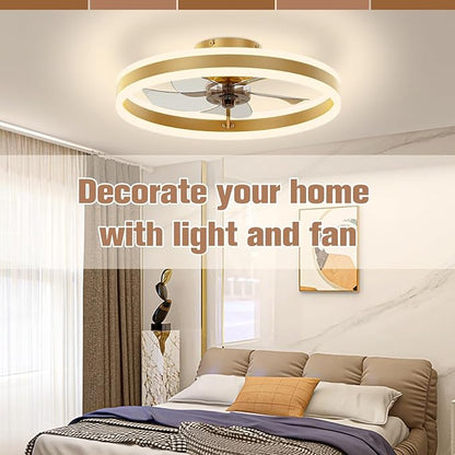 VOLISUN Low Profile Ceiling Fans with Lights and Remote, 19.7in Flush Mount Ceiling Fans with Light, 3000K-6500K Dimmable Fandelier LED Fan Light, Gold Bladeless Ceiling Fans with Lights for Bedroom