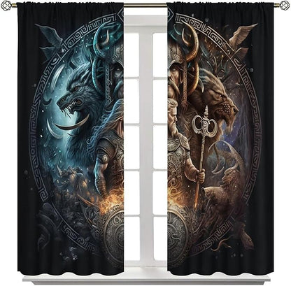 Cool Norse Viking Theme Curtains,Fantasy Ancient Symbols Wildlife Wolf Nordic Vikings Window Drapes Thermal Insulated Rod Pocket Blackout Drapes for Bedroom 2 Panels 63L x 31.5W