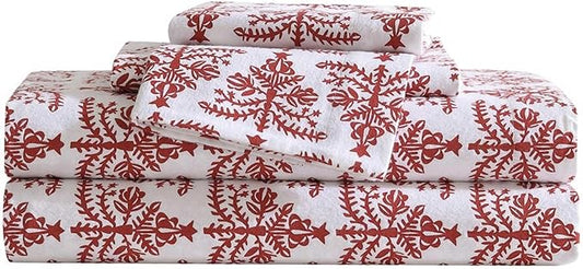 Eddie Bauer - Flannel Sheets King Size, Anti-Pilling & Wrinkle Resistant Cotton, Touchably Soft for All-Season Comfort - Bed Sheets with Matching Pillowcases & Fitted Sheet (Jolly Trees Red)