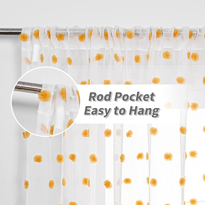 MYSKY HOME Orange Pom Pom Sheer Curtains for Girls Bedroom & Nursery - 72 Inch Long, 2 Panels, Light Filtering, Rod Pocket, Semi Window Drapes - 52 x 72 inch