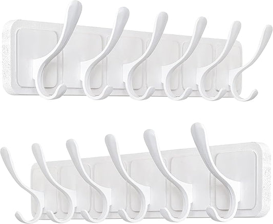 SKOLOO Coat Rack Wall Mount - Scandi-Style Wooden Carved-Block Coat Hook,Pack of 2, Wall Coat Hanger with 6 Hooks for Hanging Coats, Hats, Clothing, Scarfs, White
