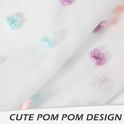 MYSKY HOME Rainbow Curtains for Girls' Bedroom - 45 Inch Pom Pom Sheer Curtains, Light Filtering, Nursery & Kids Room, Rod Pocket, Cafe Style, Small Window Panels, 52 x 54 in, Set of 2