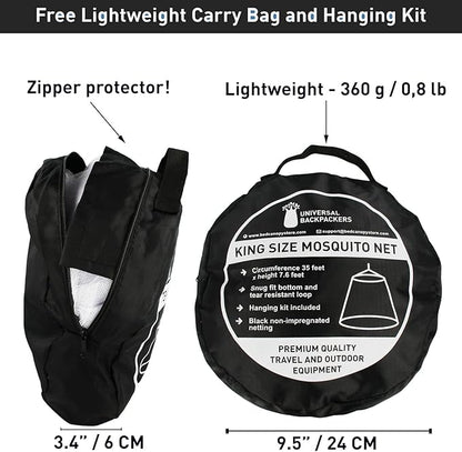 Black Mosquito Net for Single to King-Sized Beds – 2 Openings or Fully-Enclosed Bed Canopy – Conical Design for Decoration or Travel – Free Bag & Hanging Kit for Easy Setup