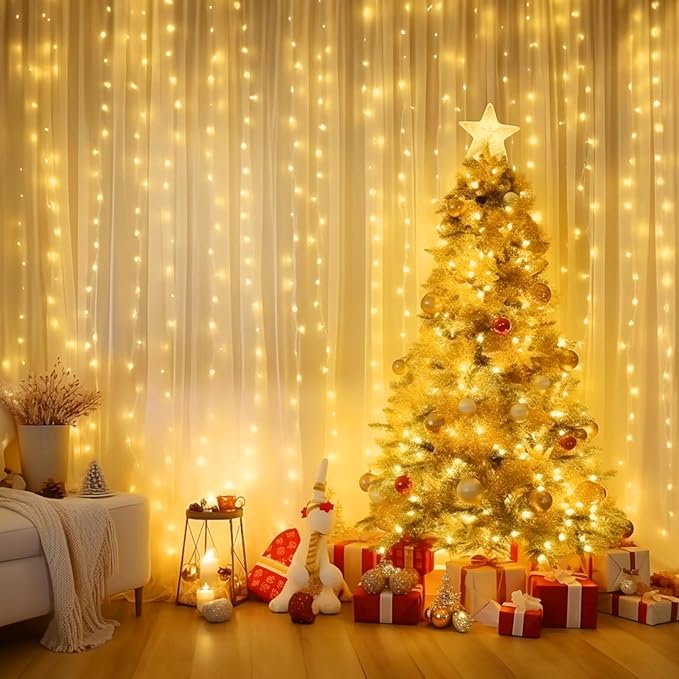 Minetom Curtain Lights, 300 LED Dimmable Fairy Lights with Remote and Timer, 8 Modes, USB Powered String Lights for Room Wall Party Xmas Indoor Decor, Warm White
